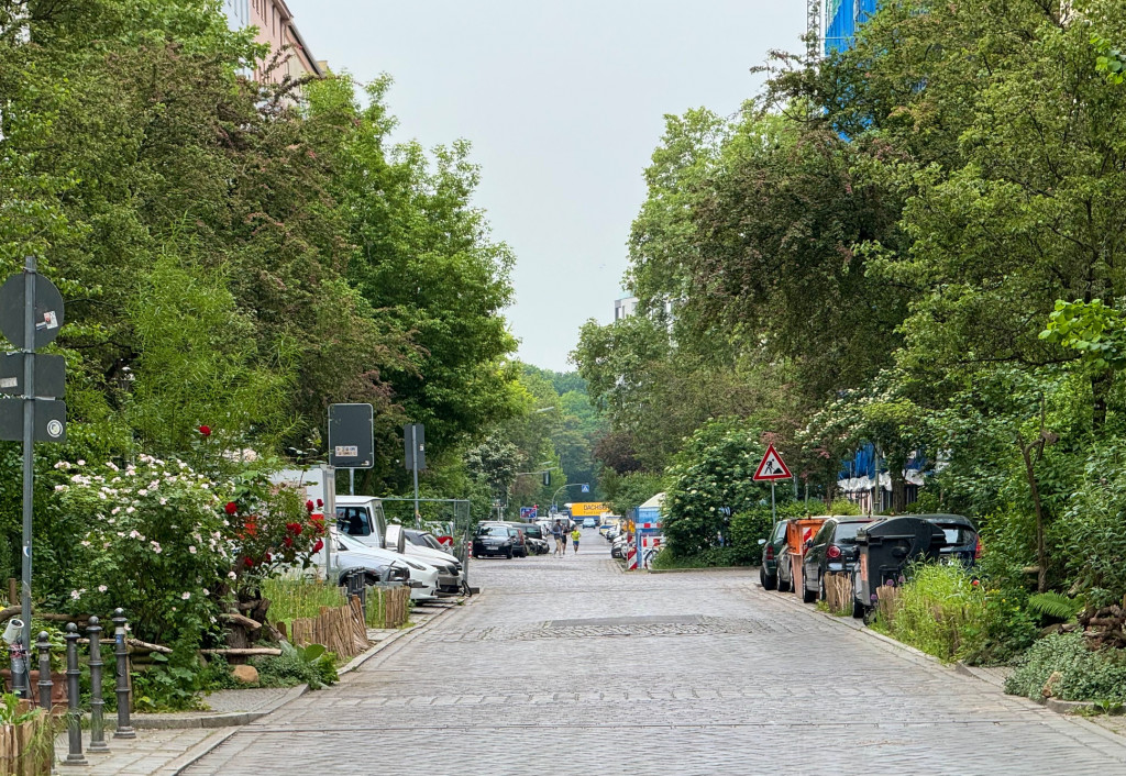 Blick in Straße in Kreuzberg mit Grünflächen durch Flächenentsiegelung an Parkplätzen.